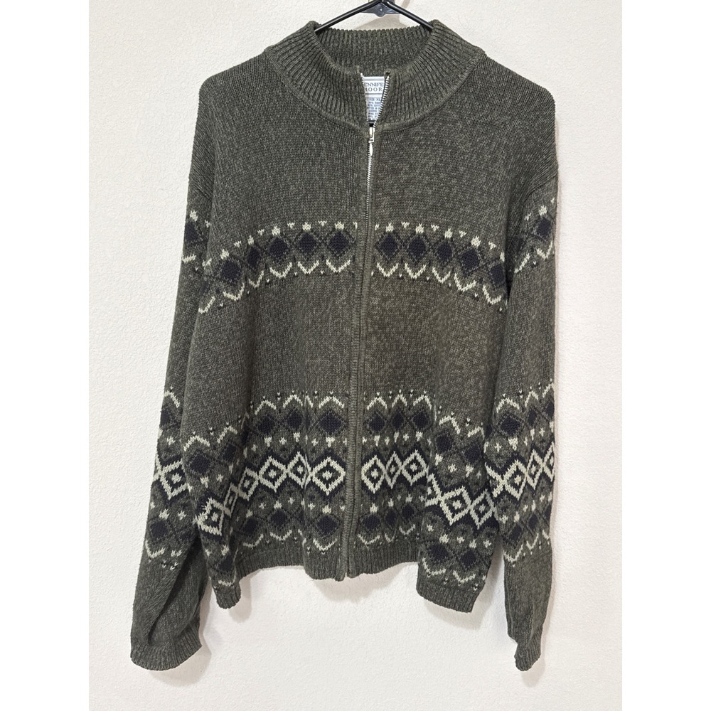 Jennifer Moore Full Zip Sweater Womens XL Olive Green Fair Isle Ramie Cotton